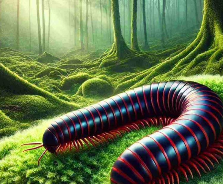 A multi-legged forest creature wandering curiously along the forest floor, its movements slow and deliberate.