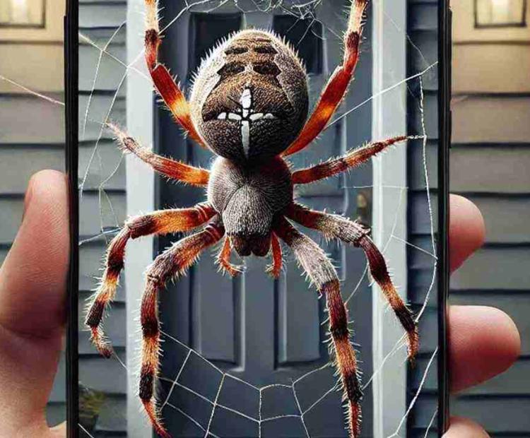 A large, hairy spider web found at a front door, catching the late afternoon light.